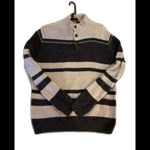 Chaps Men’s Sweater Size Large 100% Cotton Striped Heavy Knit EUC Tan & Gray